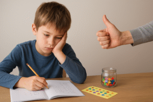 Bild von Kind das unmotiviert lernt, obwohl es viele Belohnungen bekommt